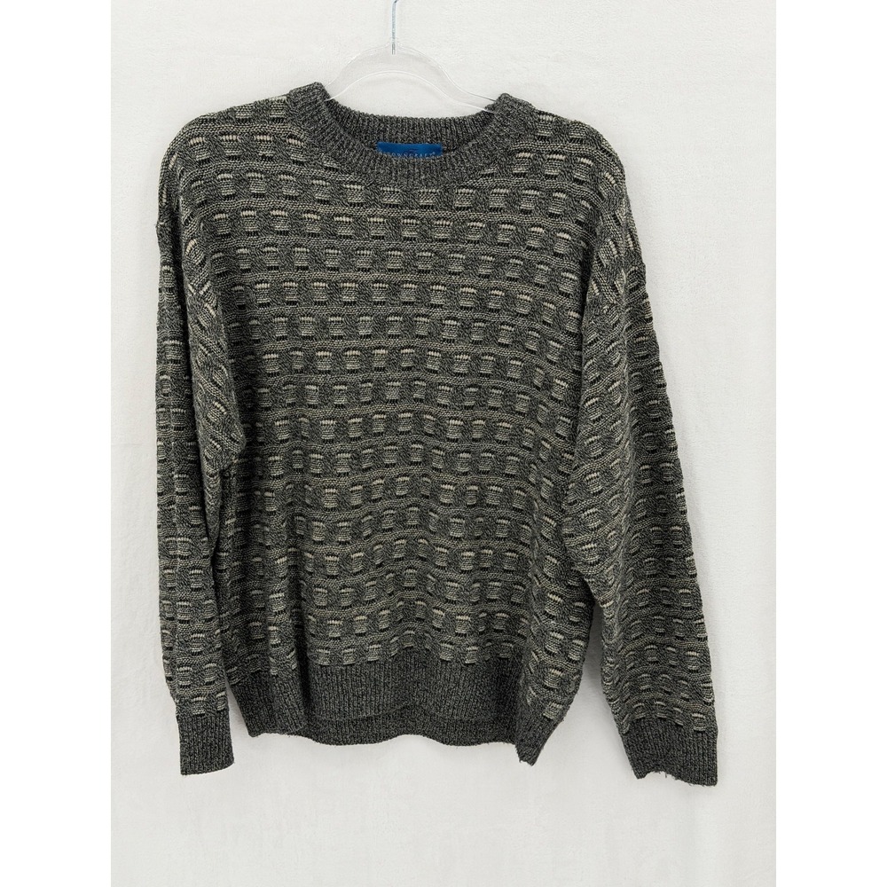 Towncraft Sweater Mens Large Gray Textured 3D Knit Crew Neck Geometric Grandpa
